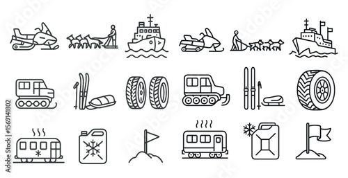 Series of icons depicting various vehicles and activities, including a snowmobile, a boat, a car, a truck, a train, a jet ski, a skier, a skier, a snowboarder, a skier, a snow