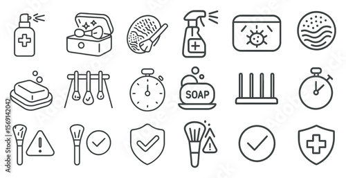 Set of icons for various bathroom items, including a clock, soap, and a brush. The icons are all in black and white and are arranged in a grid