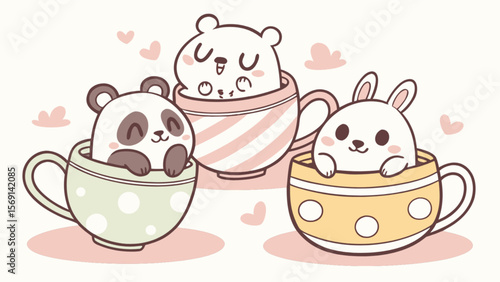 Cute animals in teacups illustration panda bear polar bear bunny rabbit kawaii design for kids room decor