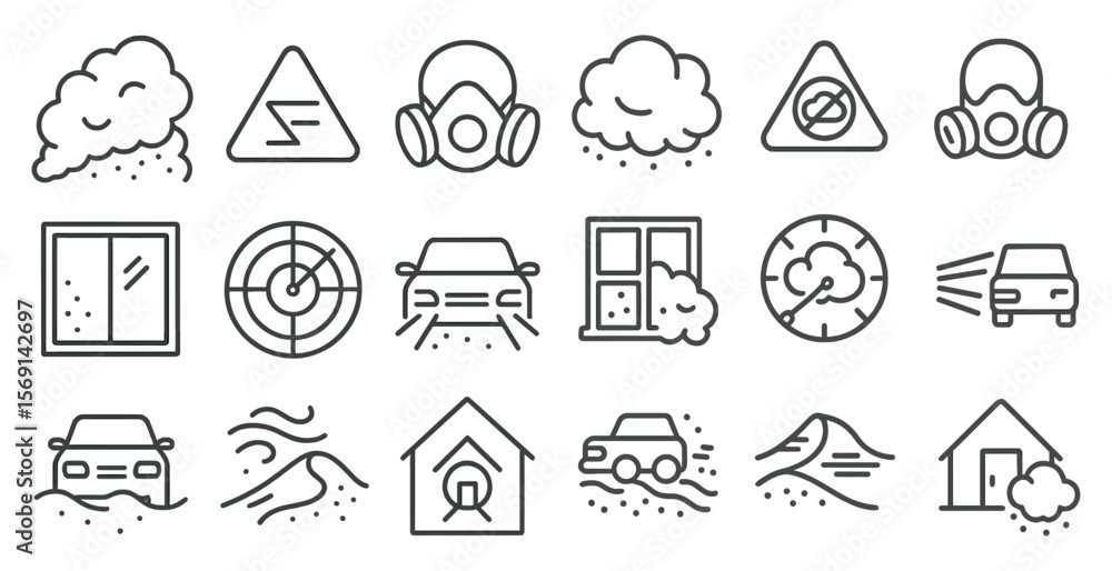 Fototapeta premium Set of icons depicting various weather conditions and safety hazards. The icons include a car, a house, a clock, a window, a house, a car, a house, a car, a house, a car, a house