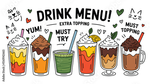 Set of Coffee and Smoothie Beverages with Hand-Drawn Doodle Style – Includes Cappuccino, Boba, Orange Juice, Chocolate in Glasses – Perfect for Marketing and Branding