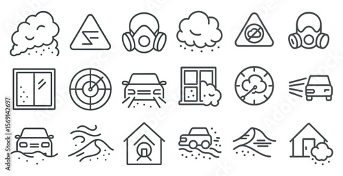 Set of icons depicting various weather conditions and safety hazards. The icons include a car, a house, a clock, a window, a house, a car, a house, a car, a house, a car, a house