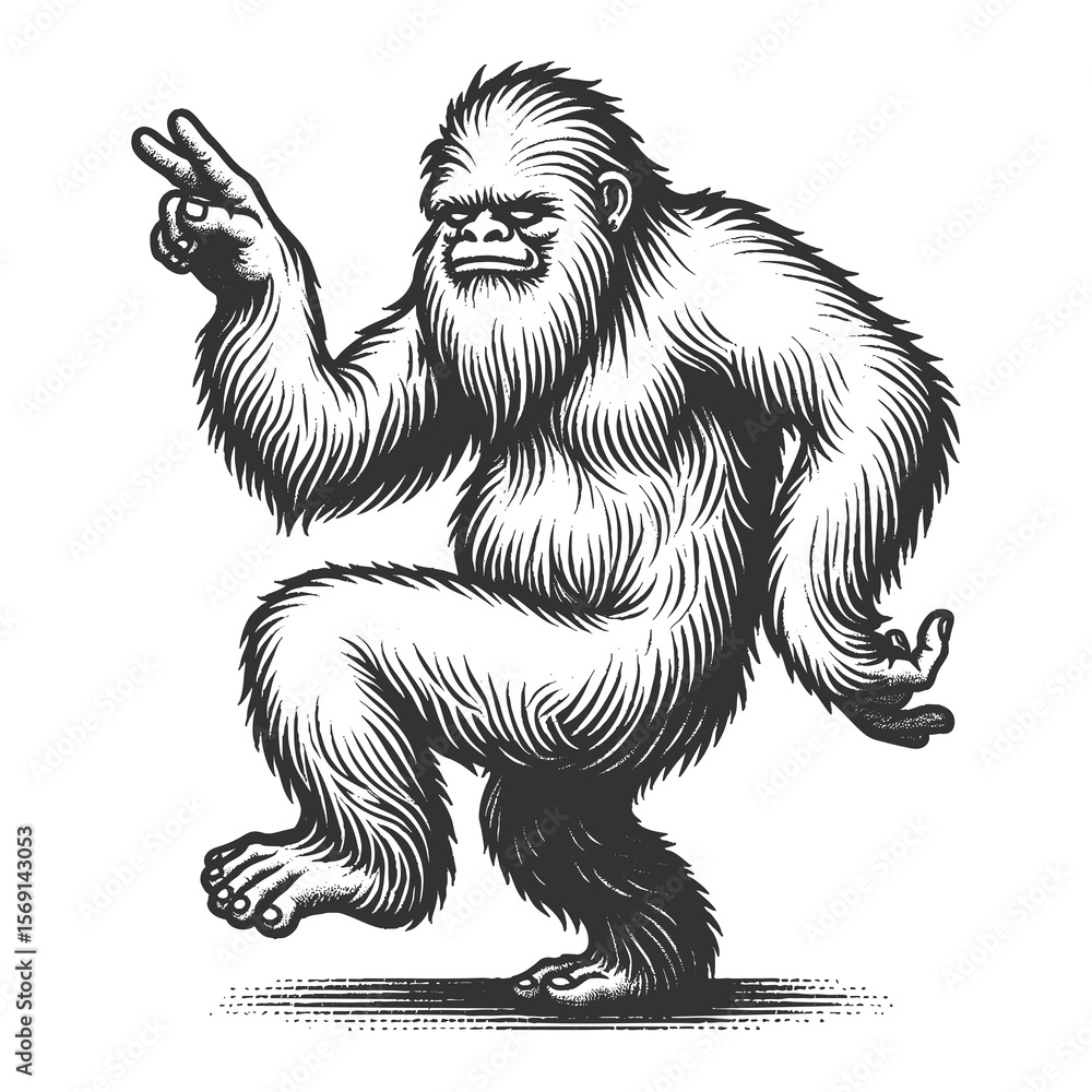 Fototapeta premium Dancing Yeti sketch engraving generative ai fictional character raster illustration. Scratch board imitation. Black and white image.