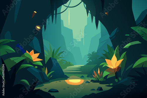 A vibrant tropical underwater illustration of a deep blue ocean reef teeming with swimming fish and abstract light