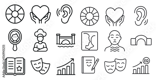 Collection of icons that include a heart, a book, a mirror, a chef, a person with a hand on their head, a person with a hand on their heart, a person with a hand on their stomach, a person with a ha