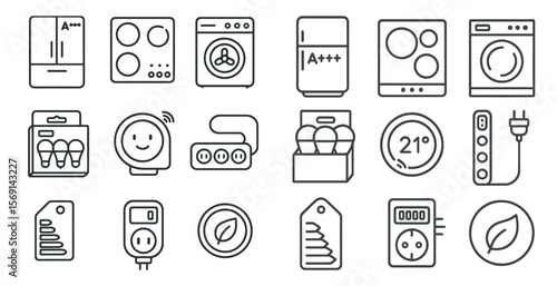 Collection of appliances and devices, including a refrigerator, oven, microwave, and toaster. The appliances are all lined up in a row, with some of them having a smiley face on them