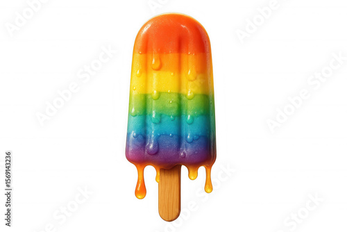 A vibrant rainbow popsicle melts slowly, dripping sweet, colorful syrup against a warm, sun-drenched background, embodying summer joy and refreshing indulgence.
