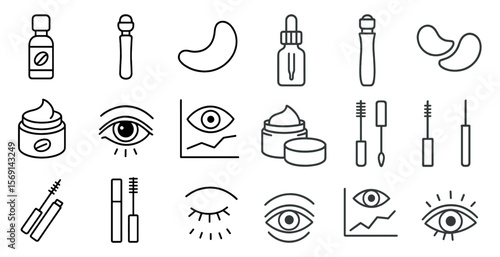 Collection of cosmetics and beauty products. The products include eyeliner, mascara, eye shadow, and other makeup items. Concept of beauty and self-care