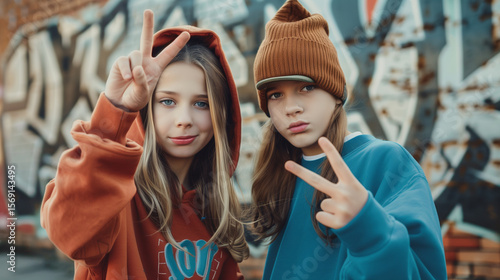joyful Boy and Girl Posing with two fingers with  Peace Signs and Playful Attitude ,Smiling kids in stylish hoodies showing two fingers to the camera with charm, cuteness, and confidence.

