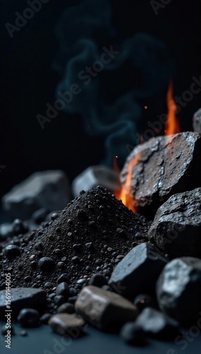 Raw Fossil Fuels Coal, Oil, and Natural Gas against Dramatic Black Background.  Environmental Impact and Sustainability Concerns Highlighted.