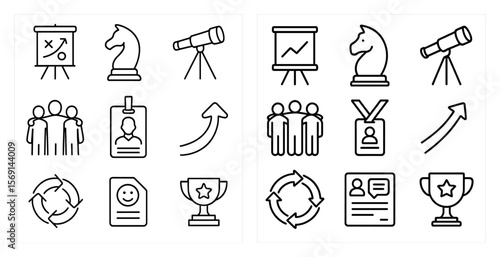Set of icons for a business or work environment. The icons include a chess piece, a knight, a person with a smiley face, a person with a frowning face, a person with a star, a person with a trophy