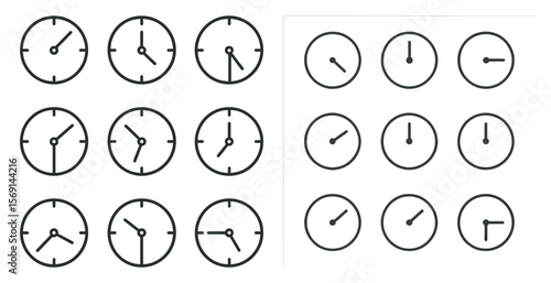 Set of clocks with the hands pointing to different numbers. The clocks are all set to different times, ranging from 1:00 to 12:00. Scene is one of order and precision