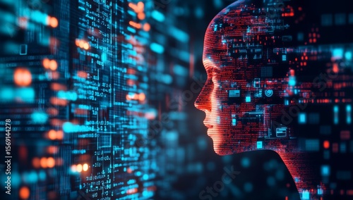 A double exposure of an AI-generated human face and computer code, symbolizing the integration between humans and artificial intelligence technology in the digital world