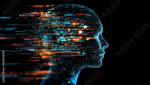 A double exposure of an AI-generated human face and computer code, symbolizing the integration between humans and artificial intelligence technology in the digital world