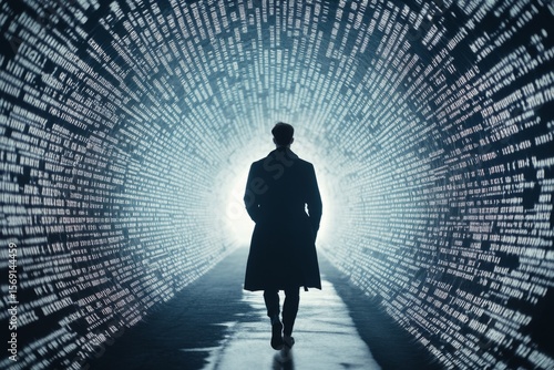A man in a black coat walks through the tunnel of binary code, silhouette photography, high-quality resolution, dark background