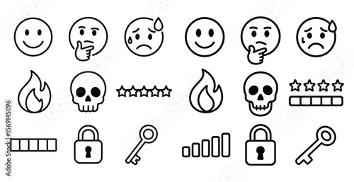 Collection of emoticons and symbols, including a skull, a key, a smiley face, and a star