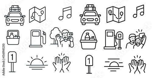 Collection of icons for various things related to travel and transportation. The icons include a car, a map, a hand, a person taking a picture, a gas station, a hotel, and a suitcase