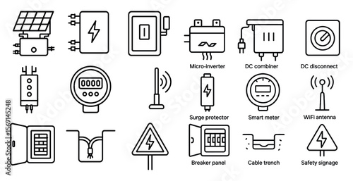 Collection of electrical symbols and icons, including a micro inverter, a DC combiner, and a DC disconnect