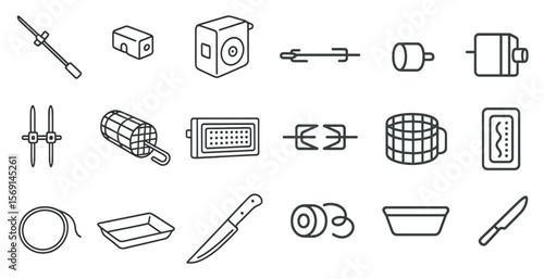 Collection of kitchen utensils and tools. The image is a collection of various kitchen utensils and tools, including a knife, a spoon, a spatula, and a bowl