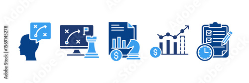 Strategic Planning Icon Set Multiple Style Collection, Containing design Strategic Thinking, Strategic Approach, Financial Strategy, Revenue Forecast 
