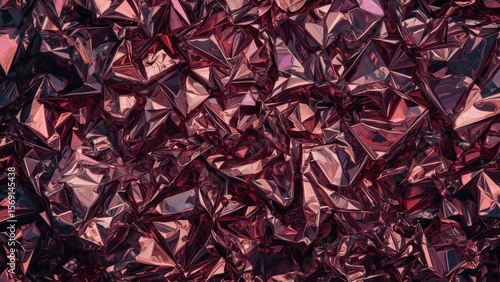 Texture of crumpled metallic burgundy foil reflecting light on abstrac