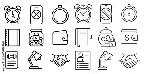Collection of icons that represent various aspects of daily life, such as a clock, a book, a phone, a wallet, and a jar