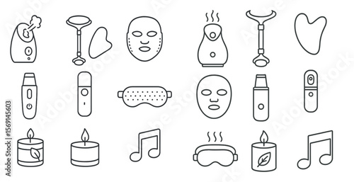 Collection of various beauty and relaxation products, including candles, face masks, and music. Scene is calming and soothing