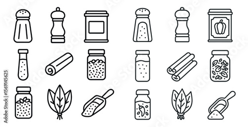 Set of spice jars and a salt shaker. The jars are lined up in a row, with some of them containing spices and others containing herbs. The salt shaker is positioned at the far right of the image