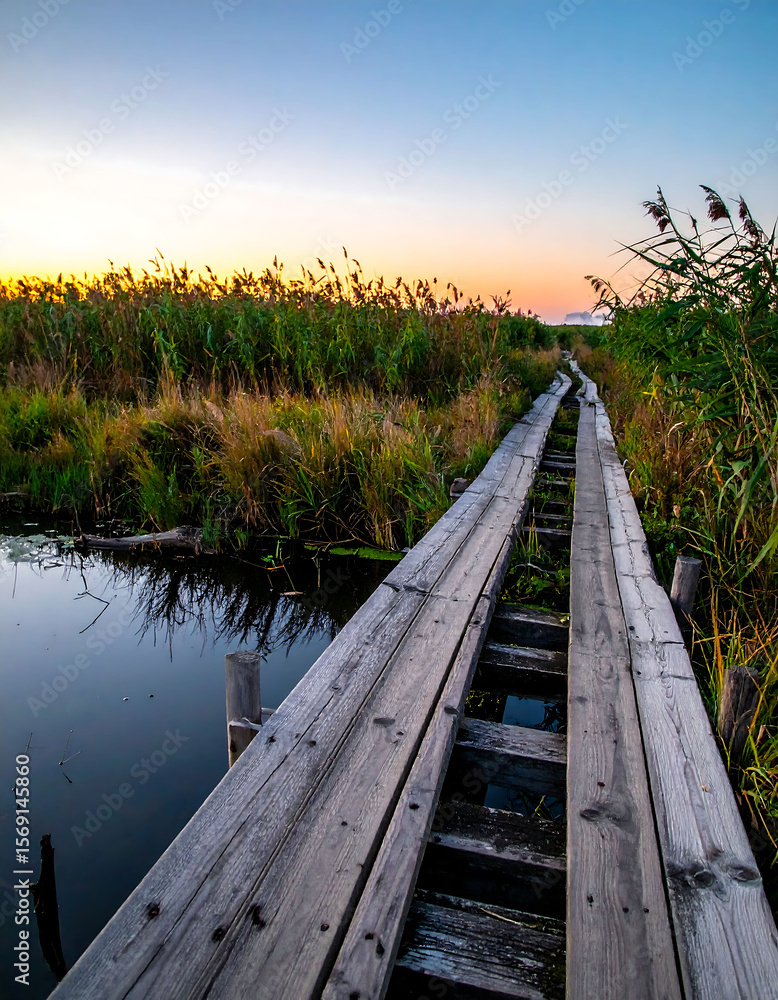 Fototapeta premium Rustic wooden boardwalk stretches across a tranquil marshland at sunset. Evokes serenity, escape, and natures beauty. Ideal for travel, mindfulness, or outdoor adventure themes.