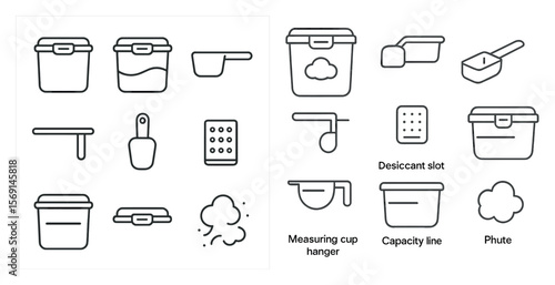 Set of kitchen utensils and containers are shown in two different styles. The first style is a set of white containers and utensils, while the second style is a set of black containers and utensils