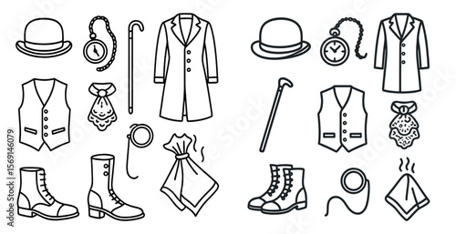 The image is a collection of clothing and accessories, including ties, hats, and shoes. The clothing items are all black and white, giving the image a classic and timeless feel. The accessories