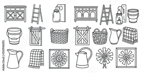 Collection of items that are related to home decor and furnishings. The items include a ladder, a bucket, a vase, a basket, a chair, a table, a clock, a vase, a bucket, a chair