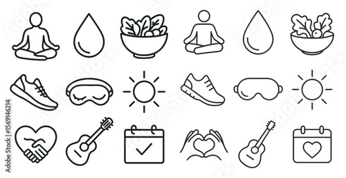 Collection of icons for various activities and objects, including a guitar, a bowl of salad, a yoga pose, a sleeping mask, and a heart