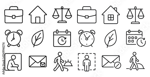 Collection of simple, stylized icons that represent various objects and concepts. These icons include a house, a clock, a suit, a briefcase, and a house