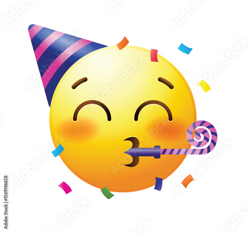 Party emoji with party hat and horn. Celebration emoticon vector icon.