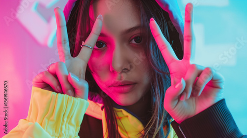 joyful Boy and Girl Posing with two fingers with  Peace Signs and Playful Attitude ,Smiling kids in stylish hoodies showing two fingers to the camera with charm, cuteness, and confidence.

