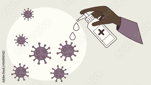 Hand spraying disinfectant on virus particles to kill germs and prevent infection