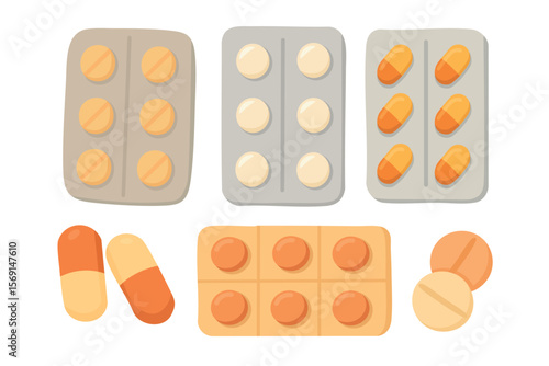Cartoon collection of pills, capsules and blisters. Flat vector medical illustration for pharmacy theme.