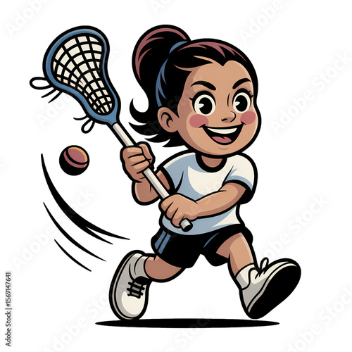 Cheerful girl playing lacrosse with determination and skill on a sunny day in a sports field