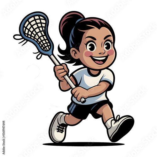 Cheerful girl playing lacrosse with determination and skill on a sunny day in a sports field