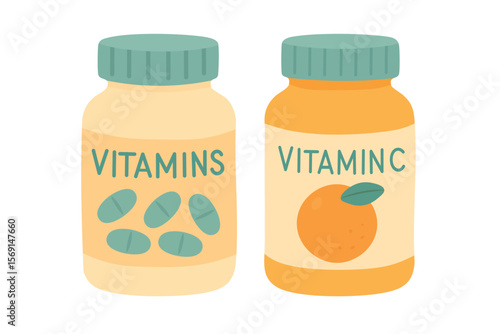 Cartoon set of two vitamin bottles with capsules and orange label. Flat vector illustration for health.