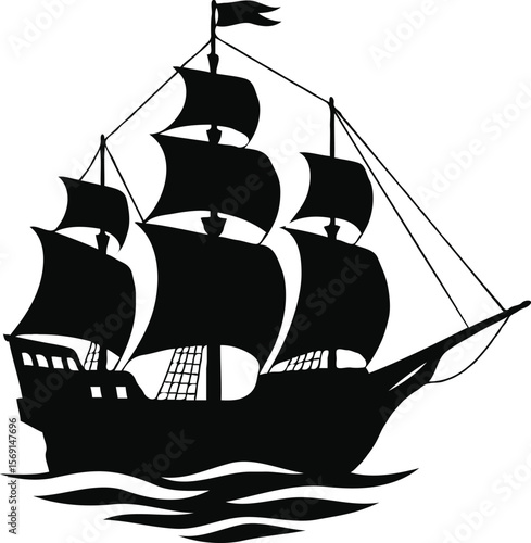 Majestic Silhouette of a Three-Masted Sailing Ship A Classic Maritime Illustration