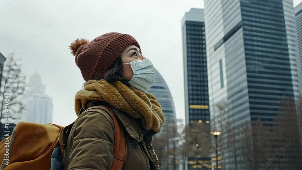 Woman in winter city, wearing protective mask Woman in winter city, wearing protective mask