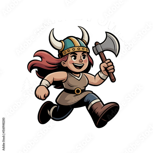 Valkyrie character running with an axe and a joyful expression showcasing strength and courage
