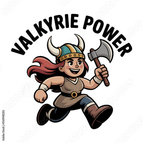 Valkyrie character running with an axe and a joyful expression showcasing strength and courage