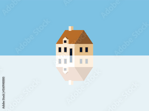 Minimalist House Illustration with Reflection on River.