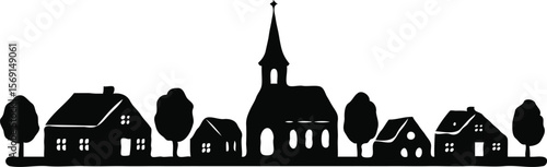 Charming Village Silhouette Church, Houses, and Trees