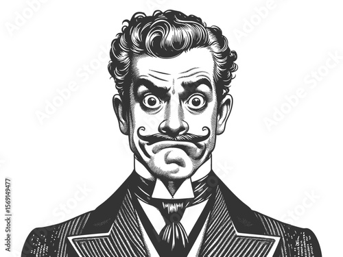 man in formal Victorian attire, displaying a confused and exaggerated facial expression sketch engraving generative ai fictional character vector illustration. Scratch board. Black and white image.