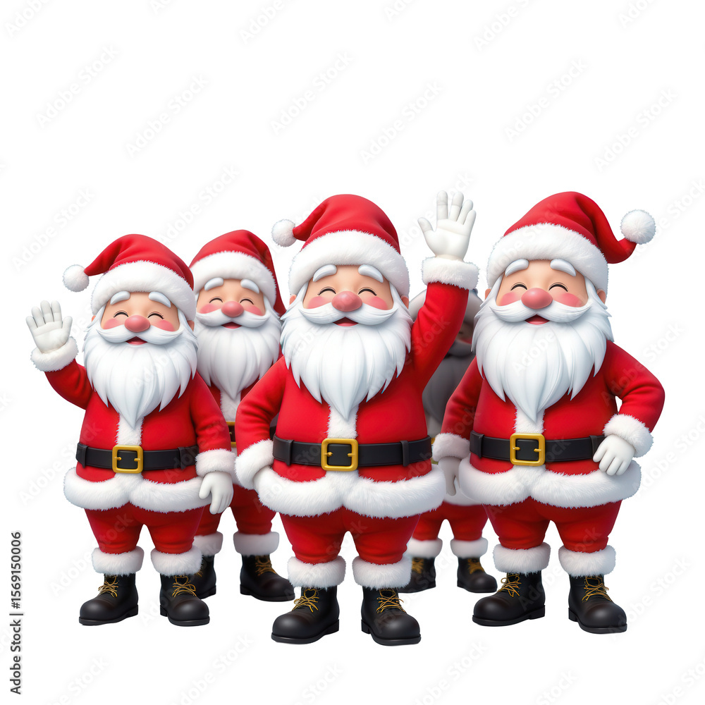 Cheerful group of cartoon Santa Claus characters waving joyfully for festive holiday celebrations and decorations Cheerful group of cartoon Santa Claus characters waving joyfully for festive holiday celebrations and decorations