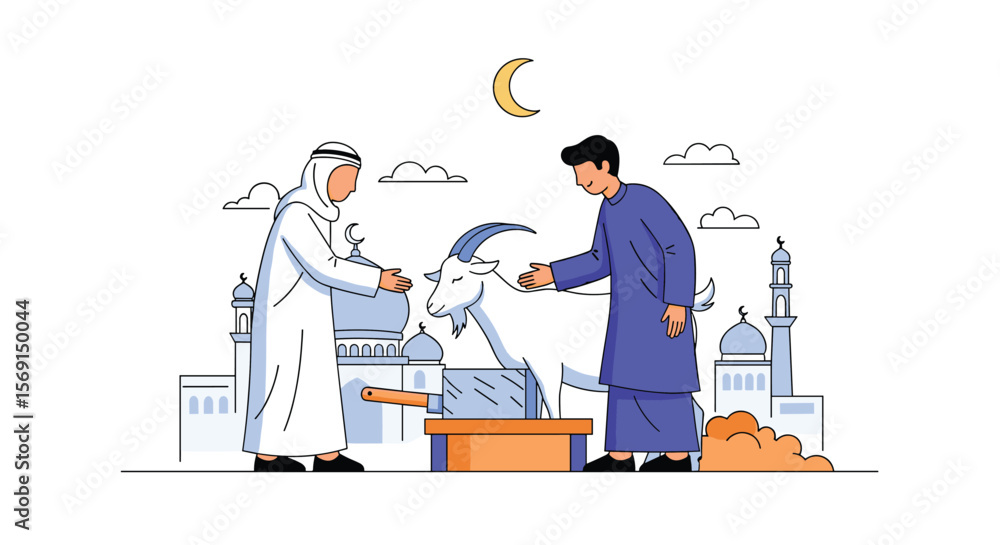 Illustrative depiction of the Islamic festival of sacrifice with two men exchanging a goat near a mosque under a crescent moon Illustrative depiction of the Islamic festival of sacrifice with two men exchanging a goat near a mosque under a crescent moon